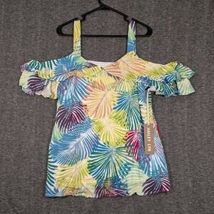 Hailey Lyn Colorful Tropical Fern Cold Shoulder Top Ruffle Sleeves Sz XL NWT